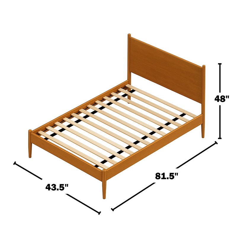 Lit plateforme simple en forme de Mid-Century, finition chêne, assurance qualité en bois d'ingénierie, ensemble de lattes de grâce, bois massif et pieds fuselés
