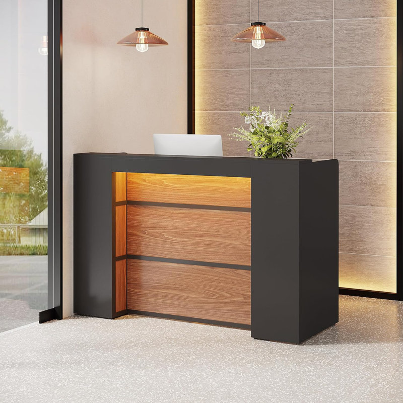 Rectangle Engineered Wood Reception Desk, Brown/Black