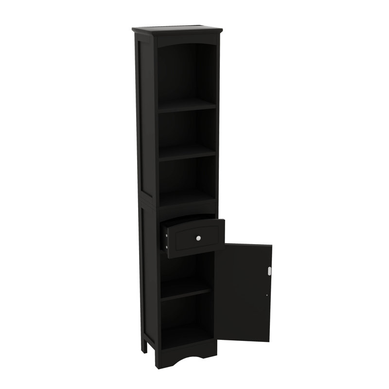 Tall And Slim Storage Cabinet With Drawer And Door Freestanding Type, Black