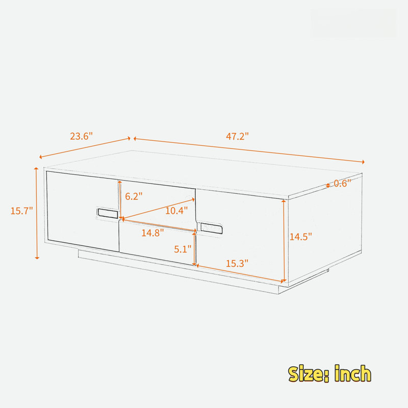 Modern High Glossy Rectangle Coffee Table With 2 Cabinets, One Drawer, 16 Colour Led Lights And An Open Shelf, White