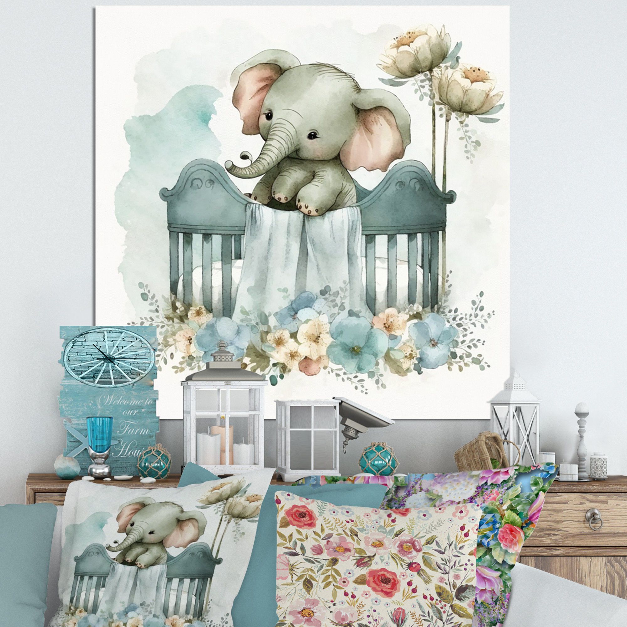 Zoomie Kids Baby Elephant In Crib With Flowers I - Elephant Wall Art ...