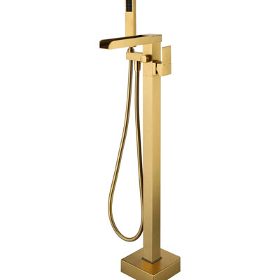 Elegant Bathroom Tub Filler - Floor Mount, Brushed Gold Waterfall Spout With Functional Handheld Shower For Relaxing Bath Mount Design And Hand Convenience