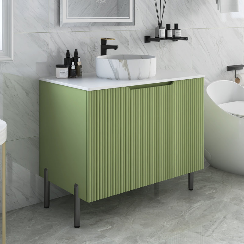Meuble-lavabo autoportant avec 2 portes et comptoir blanc Carrara, Vert
