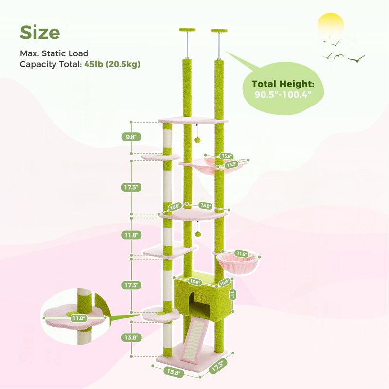 Arbre à chat avec cactus de 90,5 po à 100,4 po de hauteur, Rose