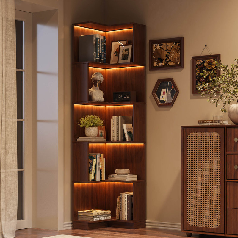 5-Tier Corner Bookcase with Display Led Lights, L-shaped Shelves with Baffles, Wooden Bookshelf for Living Room & Office