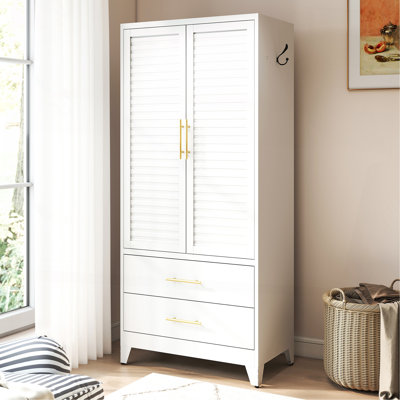 White Metal Wardrobe Closet with 2 Doors and Drawers, 71″ Tall Storage Cabinet for Bedroom, Lightweight Portable Closet for Small Apartments, Dorm, Renters, Cold Rolled Steel, Easy Assembly