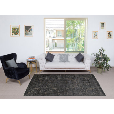 5.6x8.6 Ft Vintage Wool Area Rug Overdyed in Black for Modern Interiors. Handmade in Turkey