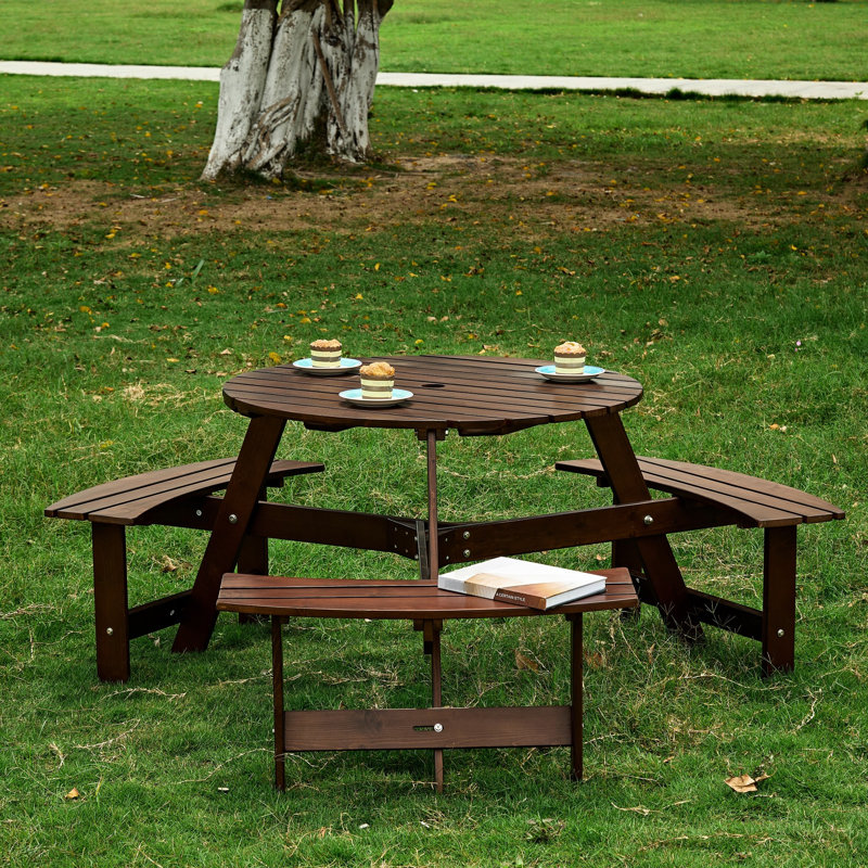 Table de pique-nique d'extérieur 6 - 3 bancs, trou pour parasol, pour bord de jardin lisse