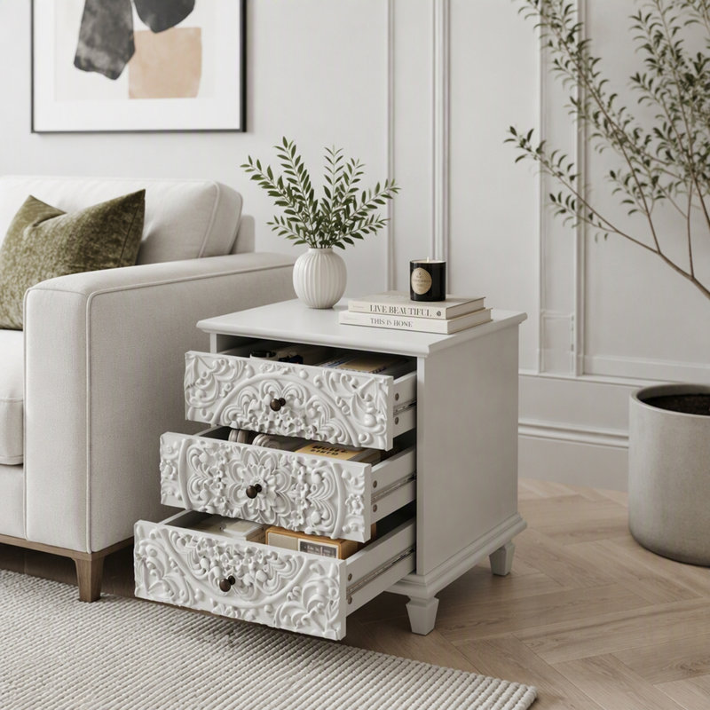 Table de chevet en bois sculpté avec 3 tiroirs, commode décorative en relief à volutes rétro, armoire de rangement pour chambre à coucher et salon