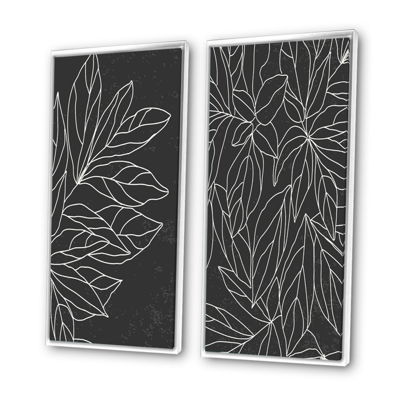 «Minimalist Botanical Line with Palm Leaves III», ensemble de 2 peintures, H 32 po x l 32 po x P 1 po, Cadre blanc