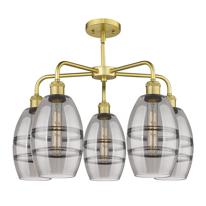 Lustre rond / ovale à abat-jour 5 lumières, Gris fumée clair, H 13,63 po x l 23,88 po x P 23,88 po, Or satiné