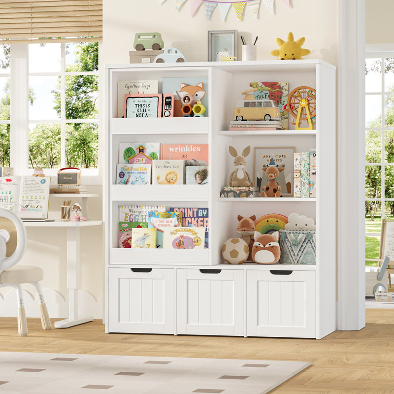 47.2"H Wood Storage Kids Bookcases  with Sliding Door and 3 Removable Drawers, White
