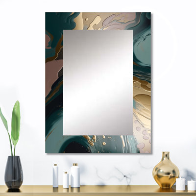 Harmonie de marbre abstrait doré et vert tourbillonnant III - miroir décoratif en marbre, miroir mural moderne, impression d'art en métal