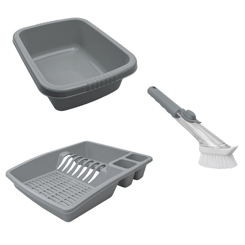 JVL Plastic Dish Drainer, Rectangular Washing Up Bowl & Soap Dispenser Dish Brush Kitchen Bundle, Grey
