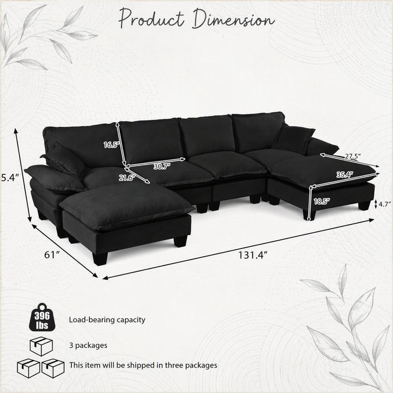 Sailboat-Inspired Modular Cloud Sofa with Movable Ottomans, 130.71" W, Black Chenille