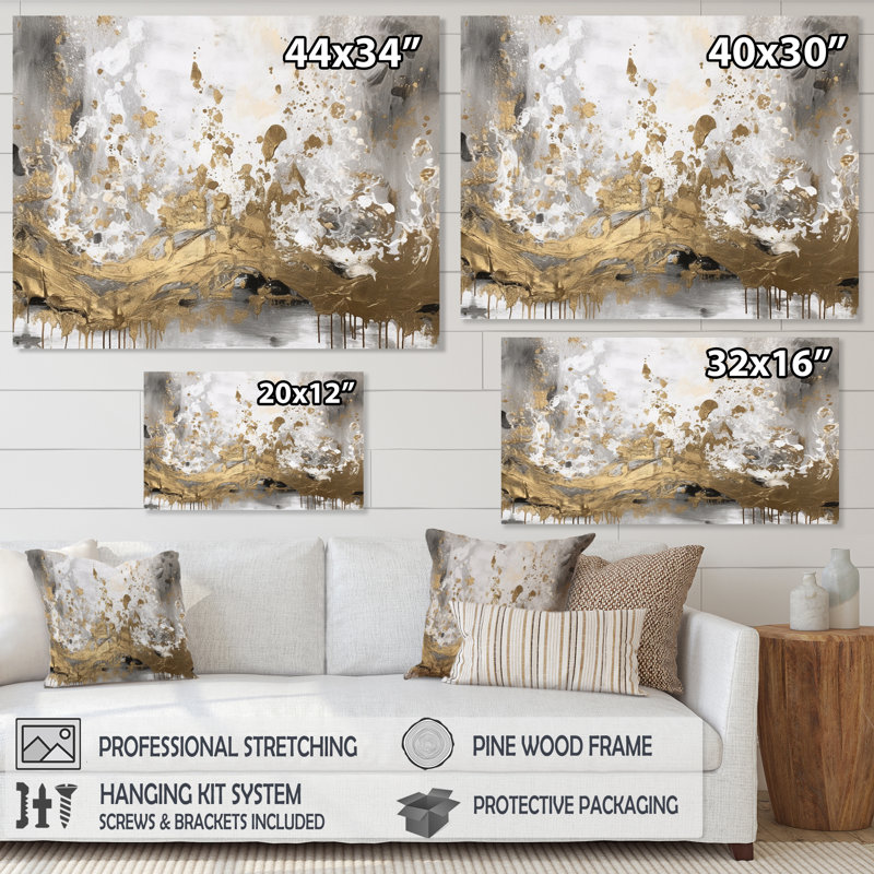 Art moderne abstrait blanc et or - art mural abstrait, H 24 po x l 32 po x P 1 po, Toile tendue