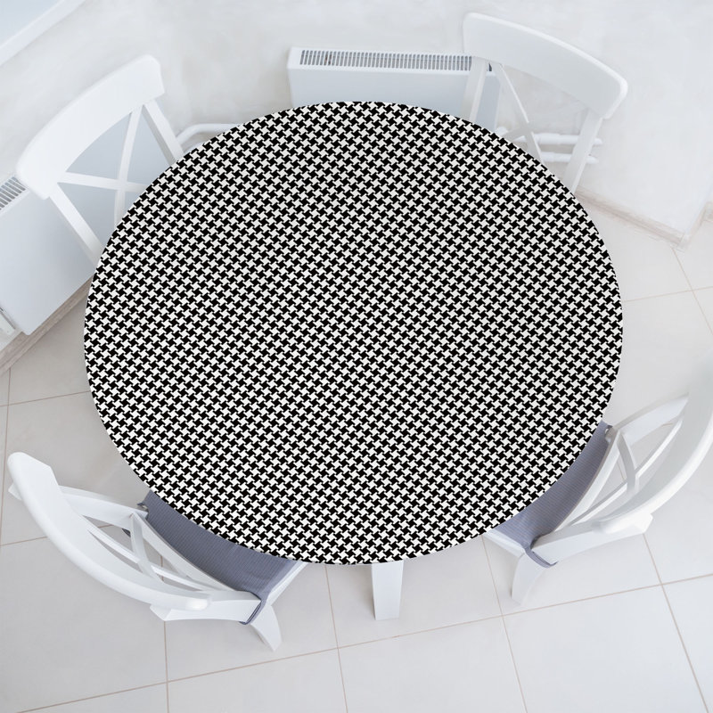 East Urban Home Houndstooth Fitted Round Tablecloth Charcoal Grey and White, 67.72" Round