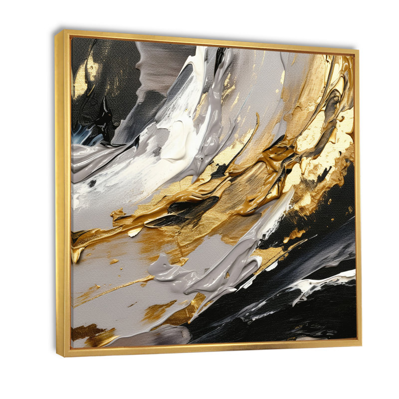 Rêves d'abondance noir et or I - art mural abstrait pour salon, H 16 po x l 16 po x P 1 po, Cadre flottant doré