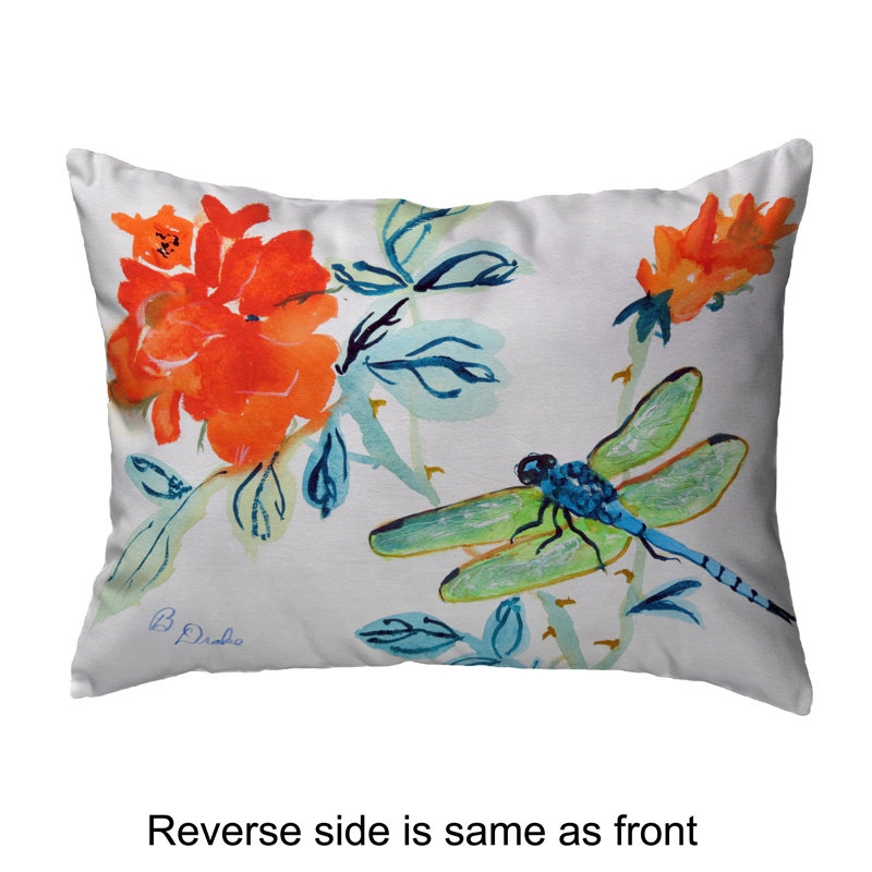 Dragonfly and Red Flower Reversible Outdoor Pillow