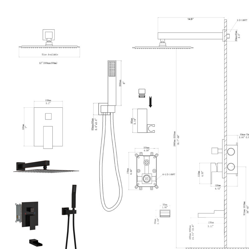 Wall Mounted Shower System In Oil Rubber Bronze With Waterfall Tub Spout - 12 Inch Square, 3 Rainfall & Handheld, Valve, Uncomplicated Installation Method -balanced Straightforward
