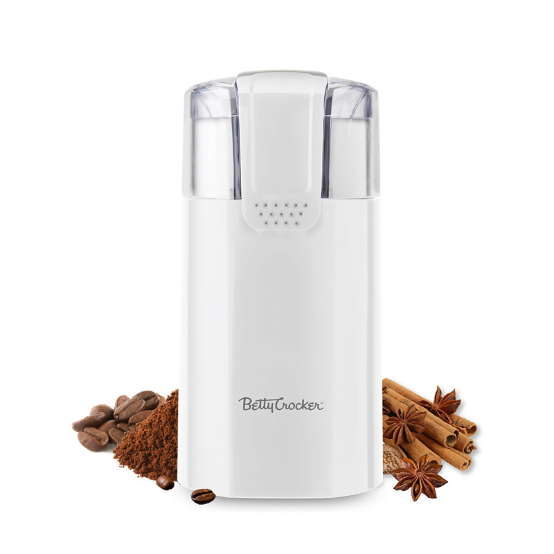 Betty Crocker Electric Coffee Grinder, Grinds Up to 12 Cups, Stainless Steel Bowl & Blades, Coarse to Fine, Double Action Safety-Lock, Easy Handling, Herb and Spice Grinder, BC-4821W, White