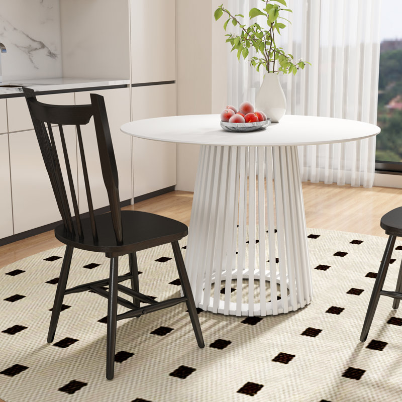 Modern Dining Set - Round Wood Table With Slat Base & Windsor Chairs - 3/5-Piece Kitchen Set, White, Black