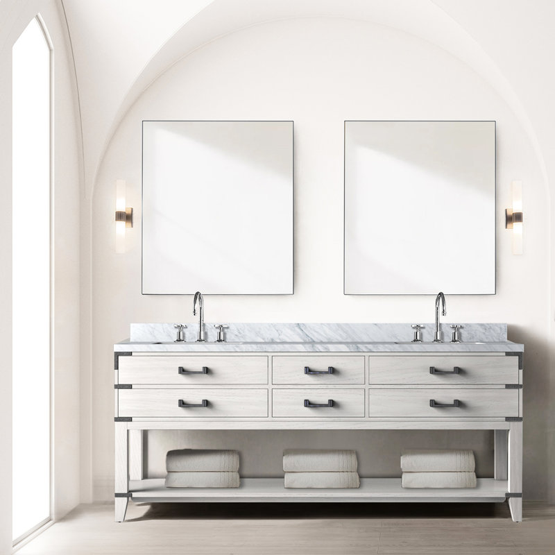Meuble-lavabo double en marbre blanc avec tiroirs et robinet en marbre blanc poli à la main