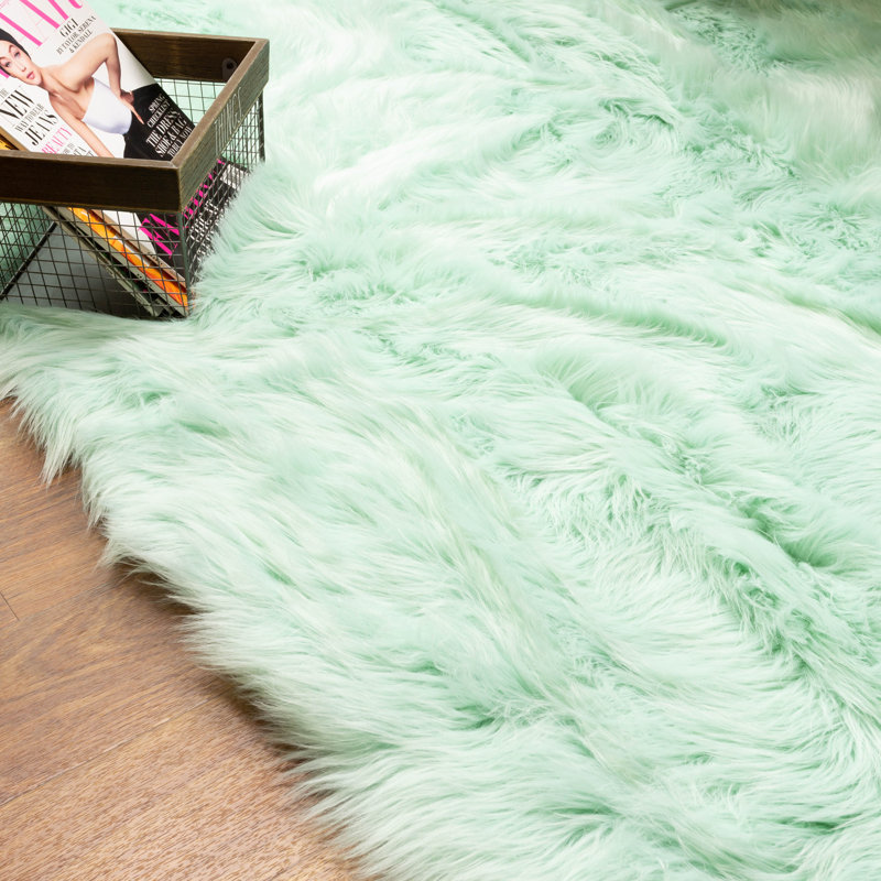 Diller Mint Faux Fur Machine Washable Shag Fluffy Area Rug, Novelty 2' x 4'