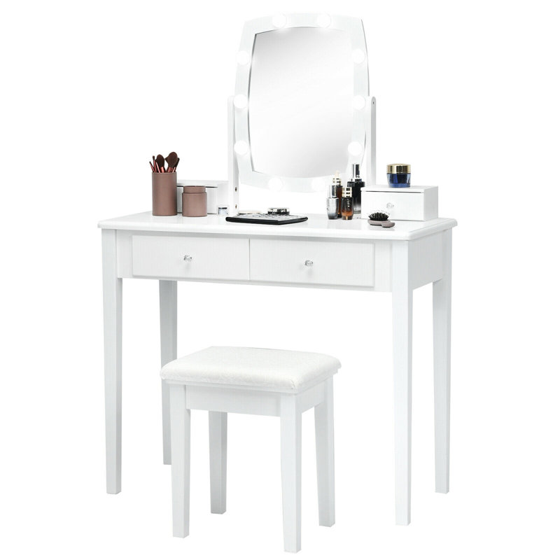 Ensemble de meuble-lavabo en bois massif Arguster avec tabouret et miroir, Blanc