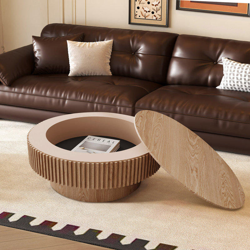 Round Coffee Table With Storage, Modern Coffee Table, 14" H x 31.5" L x 31.5" W, Natural Wood
