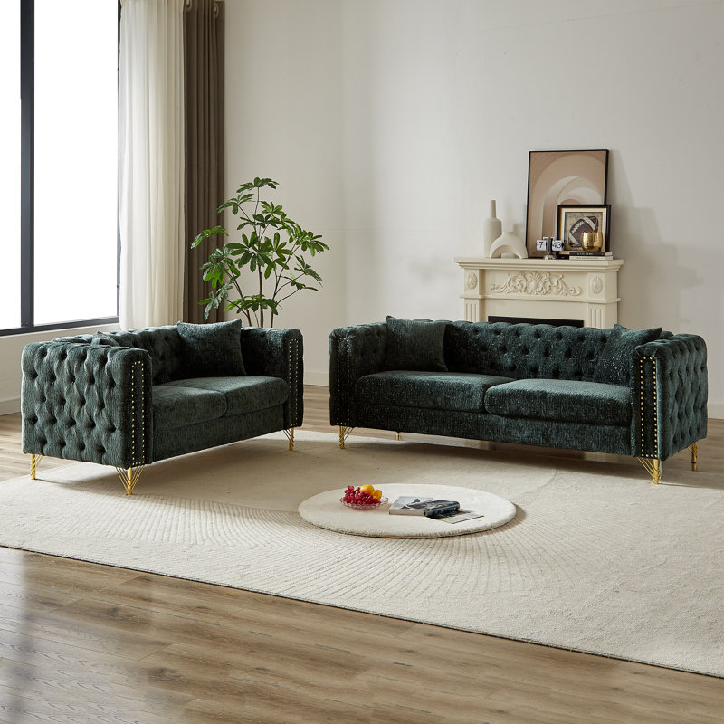 Ensemble de canapé rembourré capitonné 2 + 3p Modern Chenille, Vert