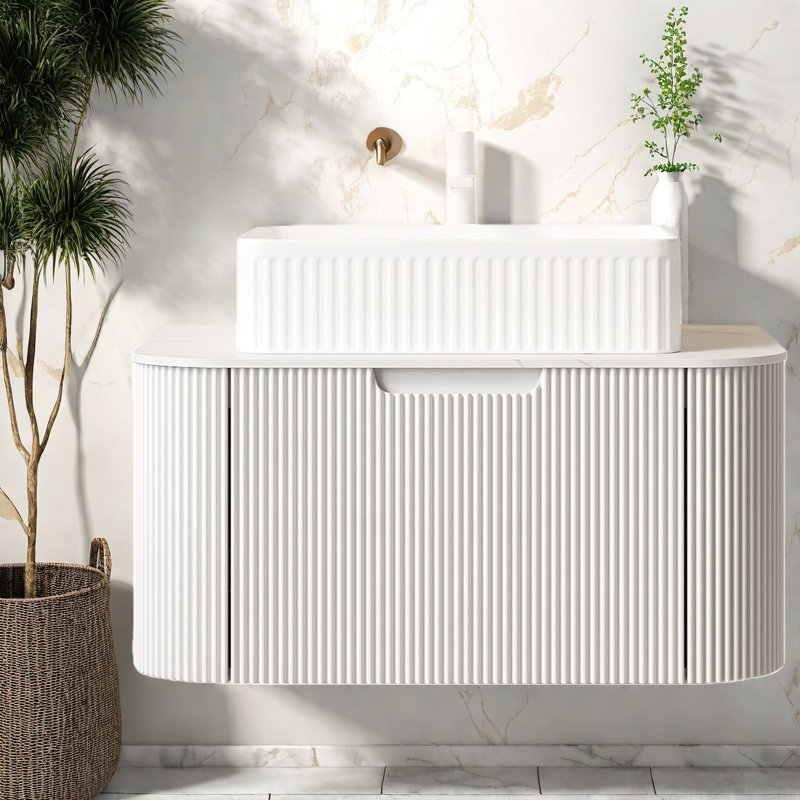 Meuble-lavabo flottant moderne avec lavabo, céramique durable et pierre frittée, finition blanche