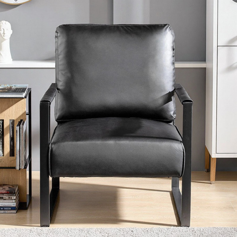 Chaise d'appoint classique Mid-Century moderne en similicuir noir avec structure en métal renforcé