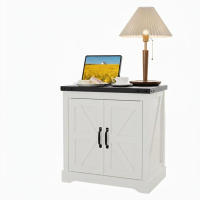 Farmhouse Bedside Table with USB Charging Station, 2-Outlet & USB Port - Sliding Barn Door Nightstand with Storage Cabinet, White Bedside Table for Bedroom