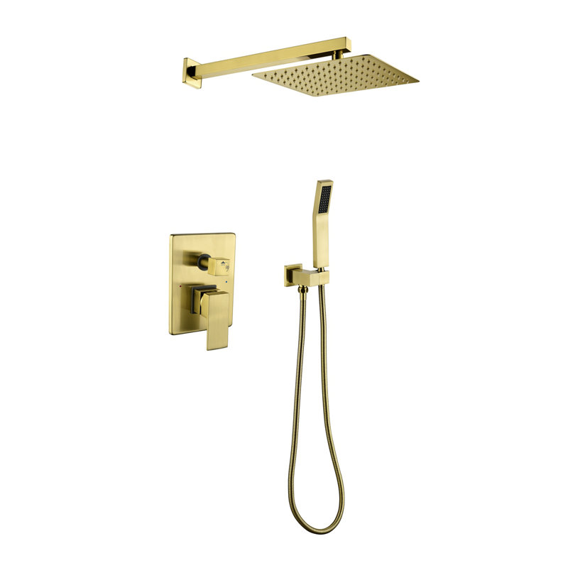Brushed Gold Shower System, Bathroom 10 Inches Rain Shower Head With Handheld Combo Set, Wall Mounted High Pressure Rainfall Dual Shower Head System, Shower Faucet Set With Valve And Trim