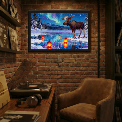 Christmas Moose In Snowy Landscape With Lanterns And Aurora