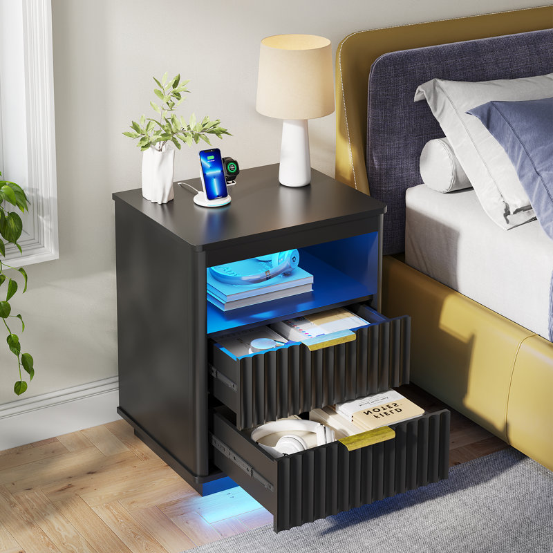 Table de chevet 19 tiroirs l 19,7 po avec port USB et lumière de type C et capteur humain, Noir