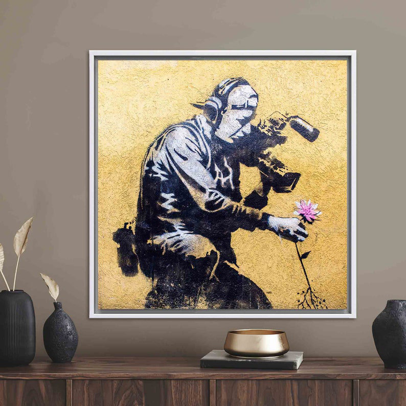 Banksy Graffiti Style 3D Canvas Painting - Abstract Cameraman and Flower Artwork Gift