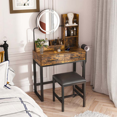 Makeup Vanity with LED Lights&3 Color and Power Outlet Makeup Vanity Table with 2 big Drawers with Sturdy Metal Leg and Metal Chair Dressing Table