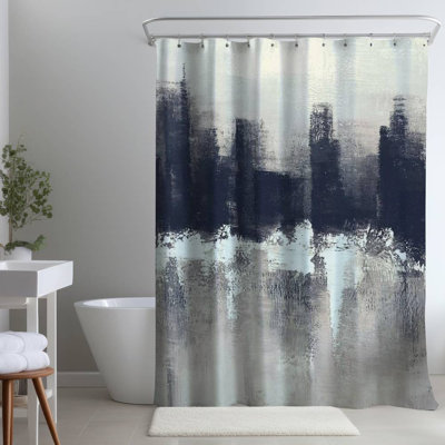 Dark City – Blue Shapes Industrial Home – Polyester Shower Curtain, Dye Sublimation Print, 71" W × 74" L