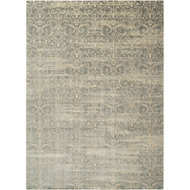 Tapis à motif damas bleu cobalt Hyeon, Rectangle 5 pi 3 po x 7 pi 5 po