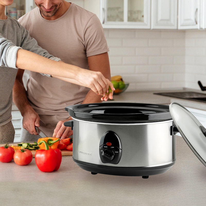 Silver 3.7 Quart Stainless Steel Slow Cooker with Glass Lid