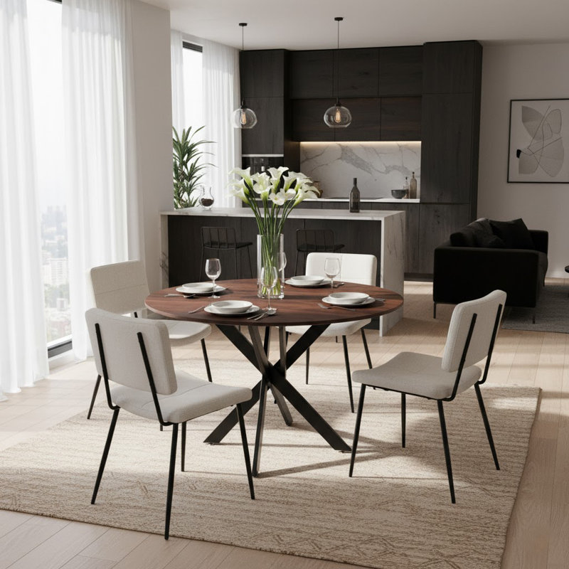 5-Piece Round Dining Table Set For 4, Walnut MDF Top With Black Metal Legs And Upholstered Beige Chairs, Modern Kitchen & Dining Room Set