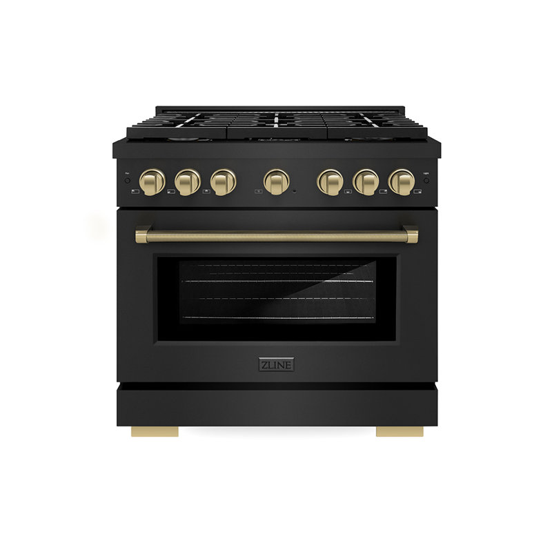 ZLINE Autograph 36 in. Paramount Dual Fuel Range in Black Stainless Steel and Bronze Helix Handle, Bronze