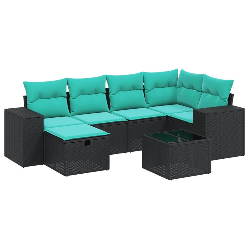 Ensemble de canapé de patio 7 pièces avec coussins en rotin de polyester, Bleu clair, Noir