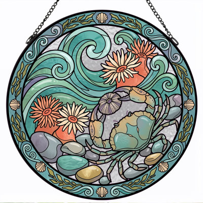 Ocean Crab Stained Glass Window Panel，12"H