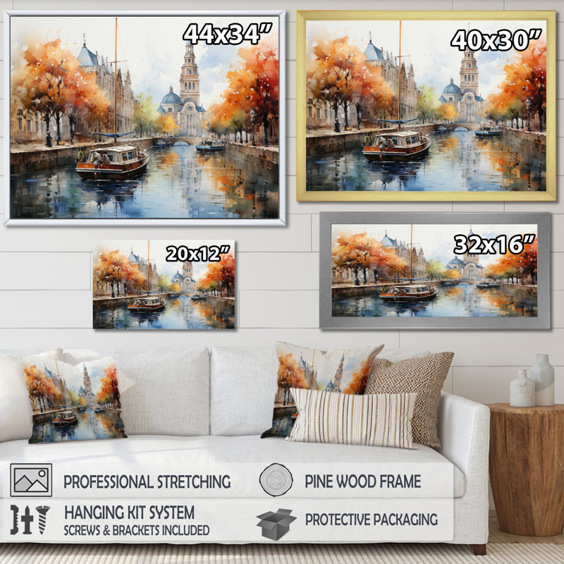 «Orange Canal Impressionistic Canal Loose», reproduction sur toile, H 30 po x l 40 po x P 1,5 po, Cadre photo blanc