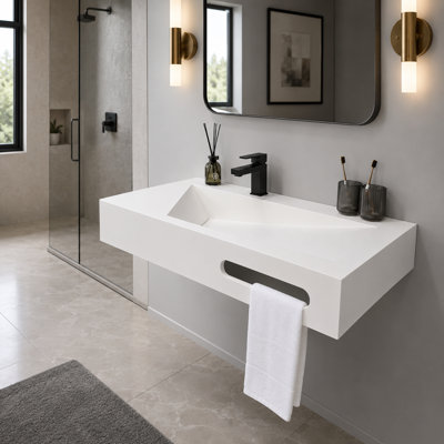 36" Stone Resin Wall-Mounted Floating Bathroom Sink with V-Shaped Basin and P-Trap Included