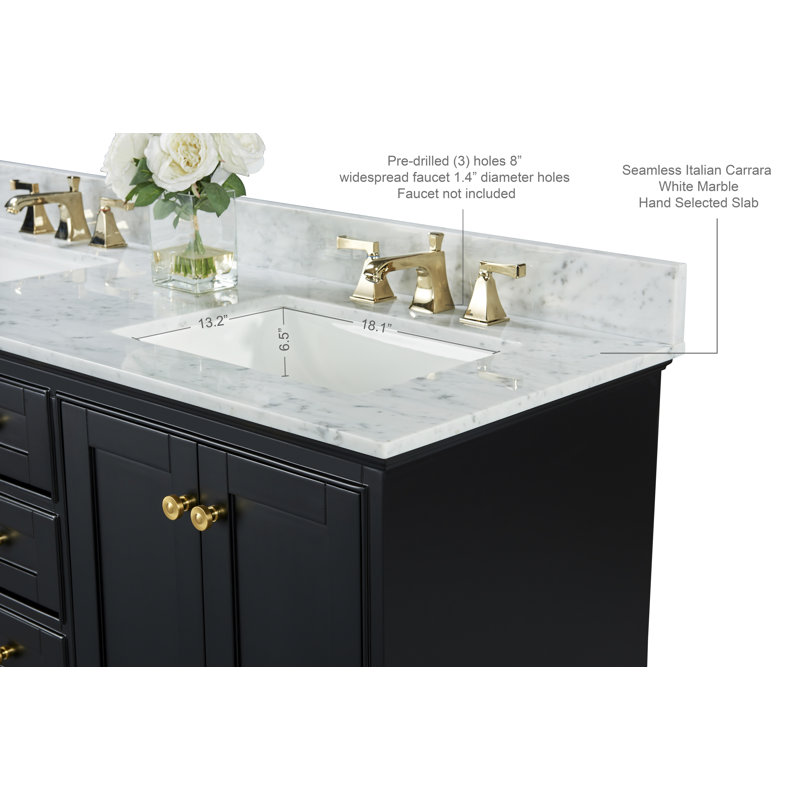 Audrey 66'' W Double Vanity, Carrara White, Black Onyx | Brushed Gold