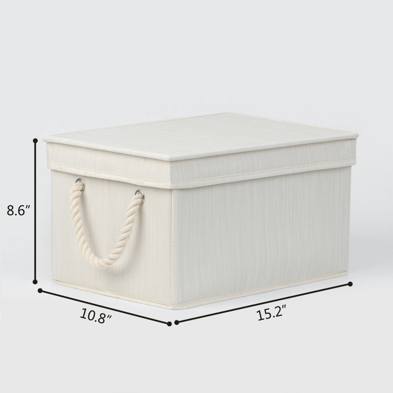 3 Piece Fabric Box Set with Lids and Handles, 8.6" H x 10.8" W x 15.2" D, White